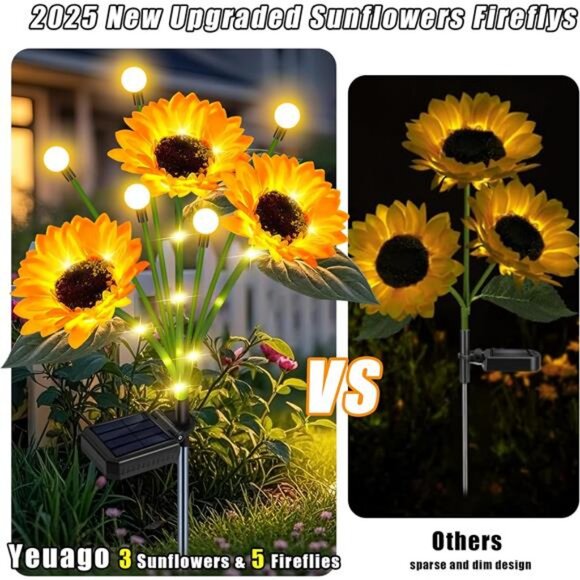 Solar Lights Outdoor Garden Decor,Upgraded 4 Pack Solar Sunflowers with Firefly - Picture 6 of 7